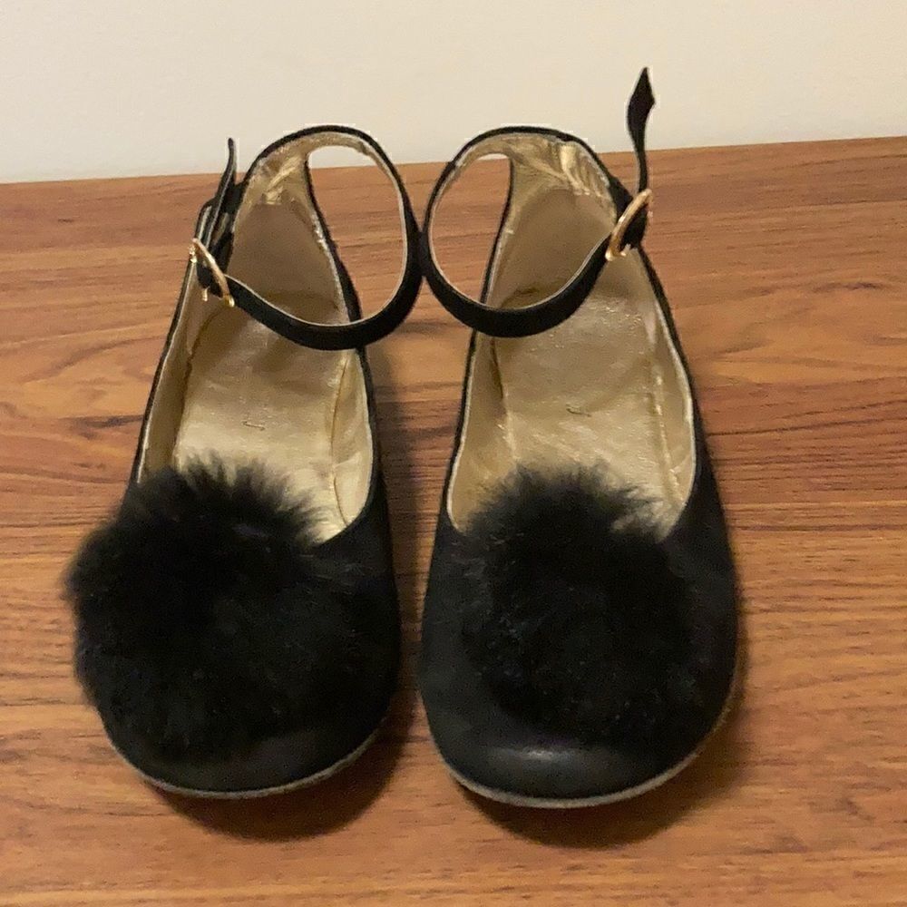 Little Eric Black Suede Ballet Flat With Ankle Strap And Mink Pompom.